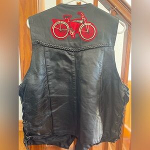 Vintage Genuine Black Leather Biker Vest with Red Bicycle Patch Size 46 unique